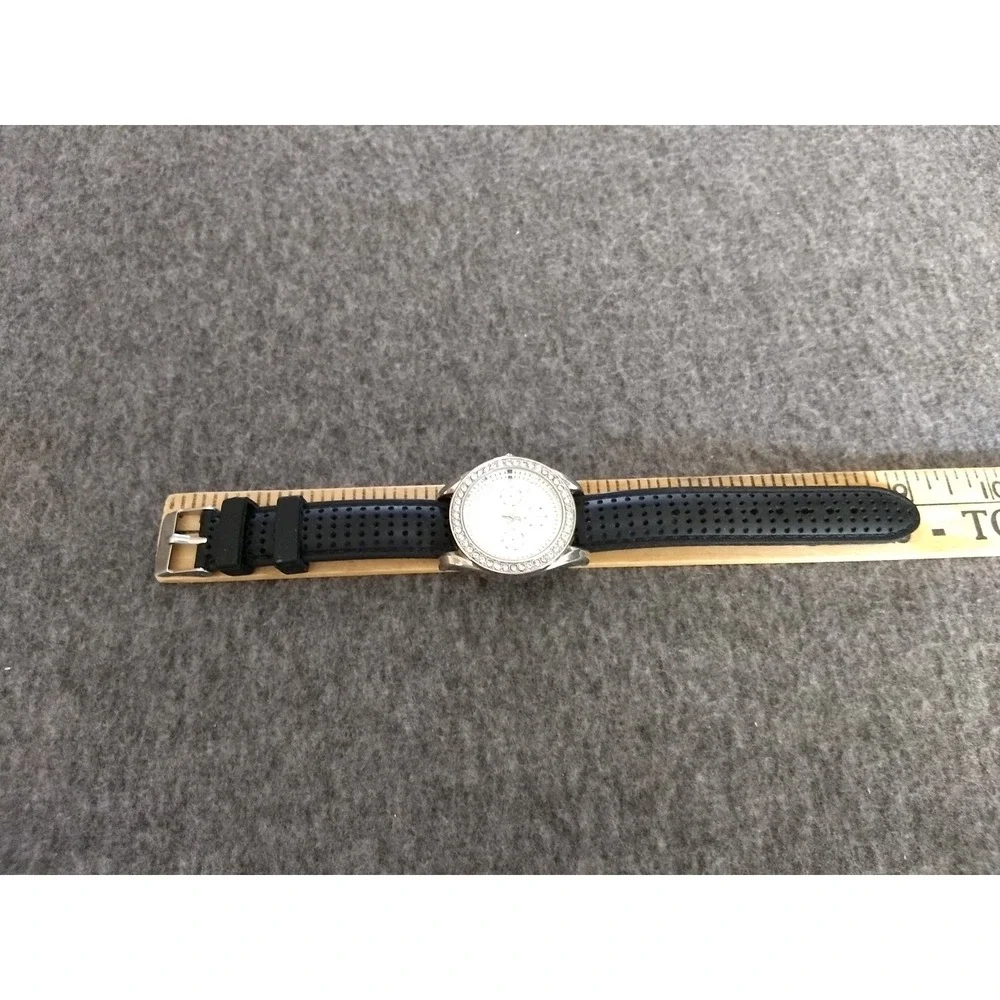Accutime Embellished Bezel Watch Stainless Steel Case 3 SubDials Black Strap NEW